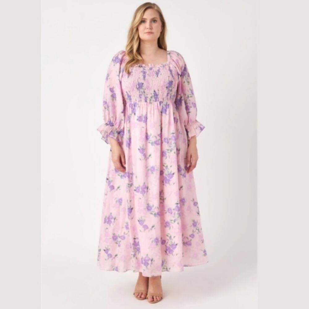 English Factory floral smocked linen blend maxi dress pink sz 1X
